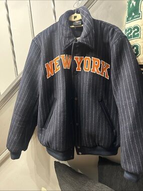 New York Knicks Kith Pinstripe Navy Bomber Jacket with Orange Appliqué